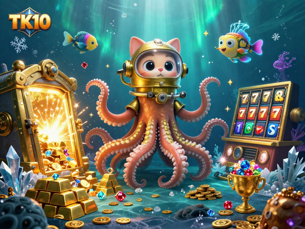 Engage with the thrilling TK10 underwater casino adventure featuring a kraken and diving cat.