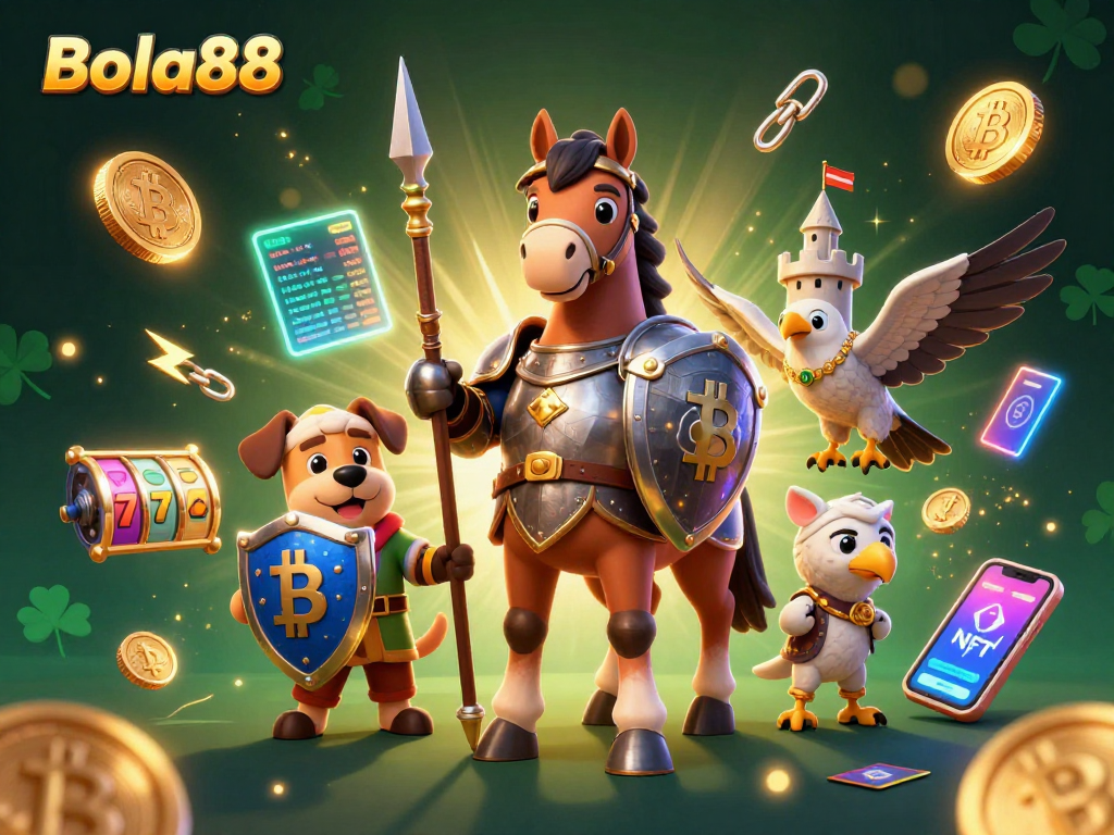 Bola88 menghadirkan suasana kasino yang memikat dengan karakter ksatria, anjing squire, dan elang, dikelilingi elemen kripto dan slot.