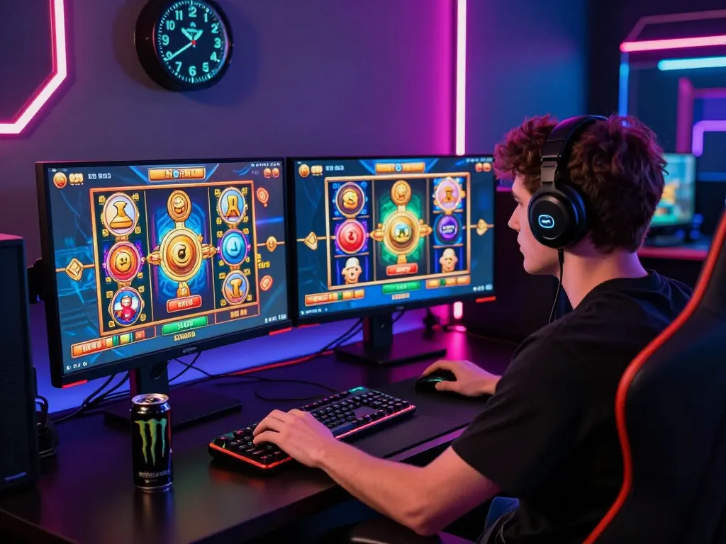 Pemain yang terlibat menikmati permainan demo slot dengan grafik yang cerah, pengaturan permainan modern, dan minuman energi.