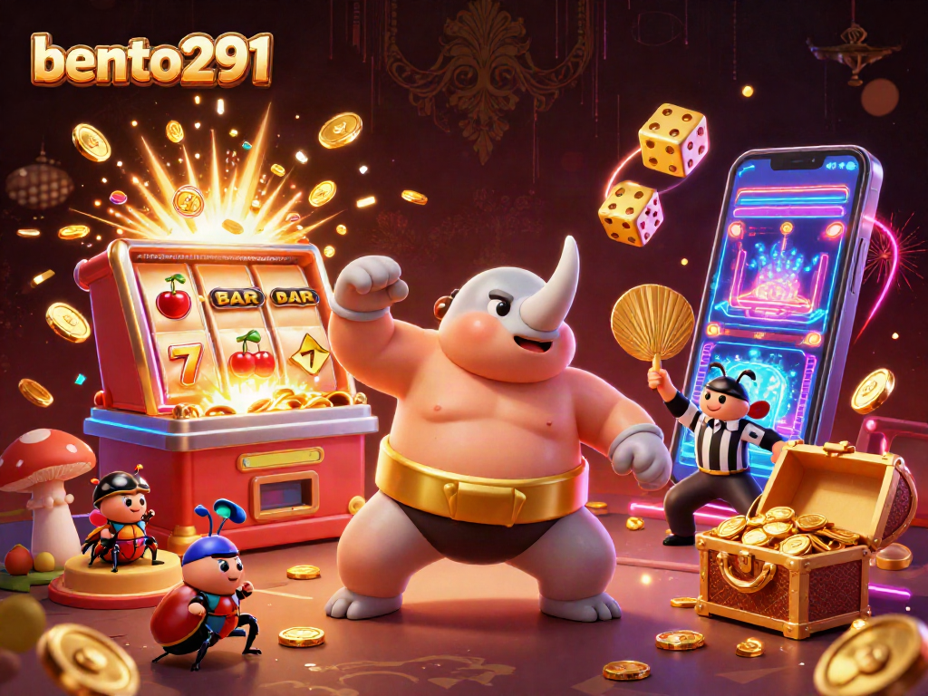 Bento291 showcases an energetic scene with a rhinoceros beetle champion amid a jackpot explosion in a vibrant casino setting.