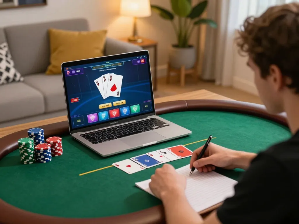 Engaging in strategic poker gameplay at home, user immersed in Rik vip online casino