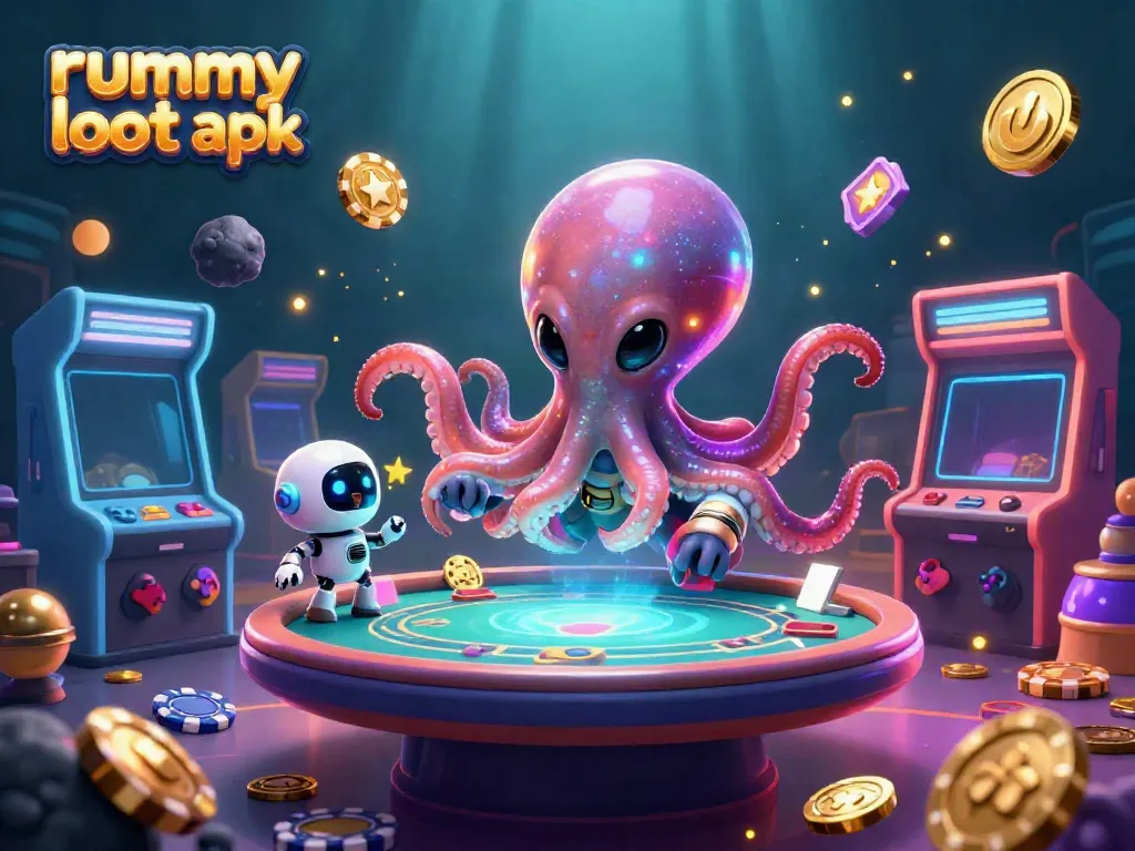 Play rummy loot apk with alien octopus and robot in a vibrant, energetic gaming scene.