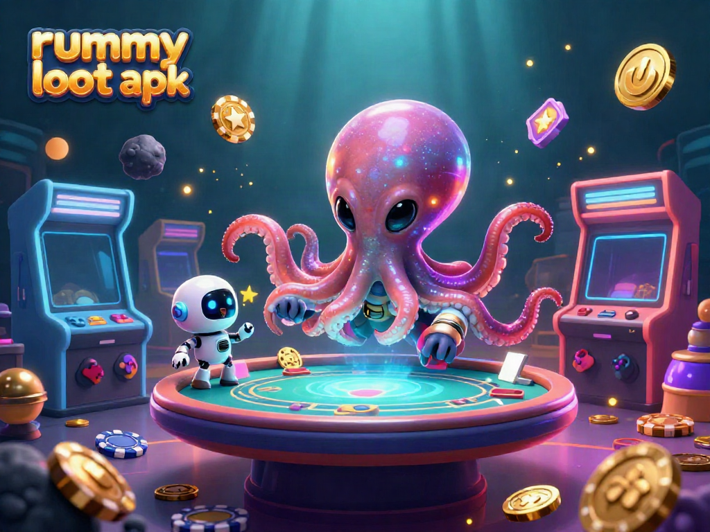 Play rummy loot apk with alien octopus and robot in a vibrant, energetic gaming scene.