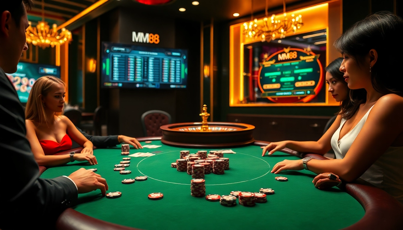 Exciting poker action at MM88 online casino with vibrant table and professional players.