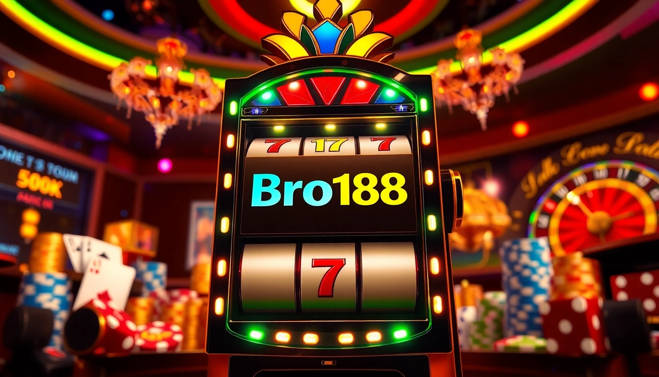 Bro138 slot machine shining brightly amid a lively casino atmosphere filled with chips and dice.