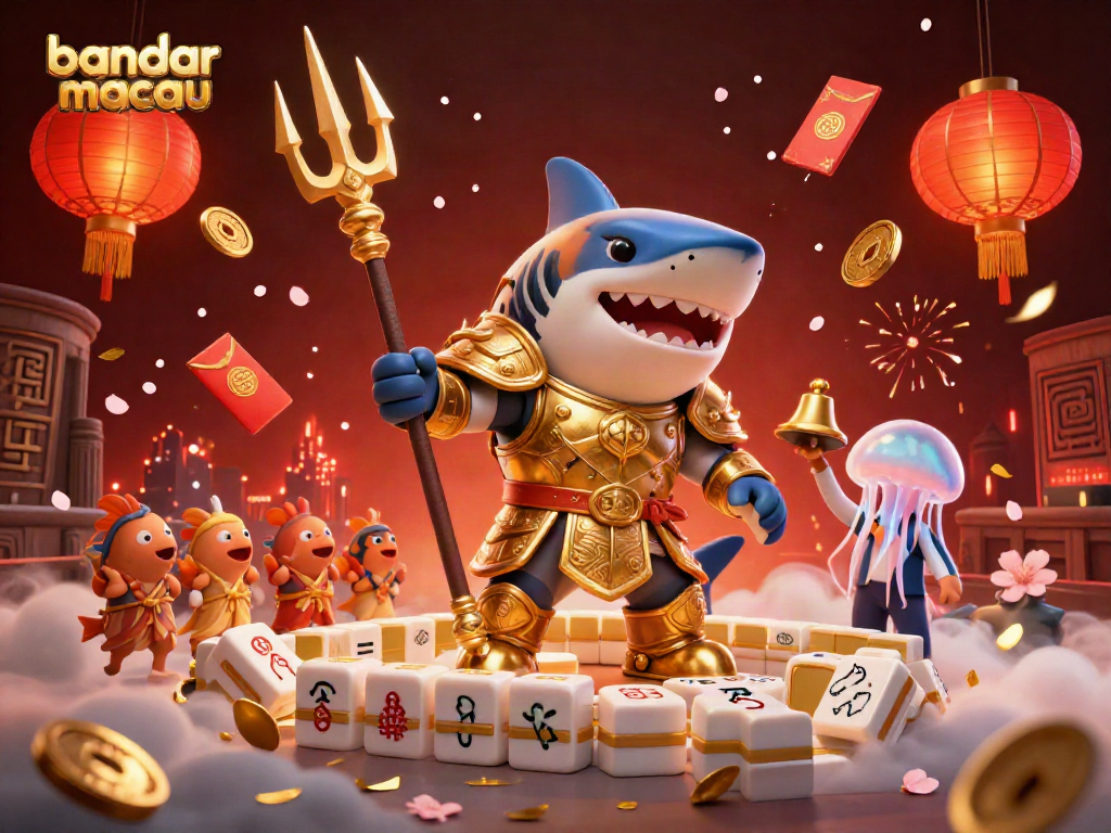Ilustrasi 3D menampilkan bandar toto macau dengan hiu kartun ganas dan elemen permainan yang menghibur.