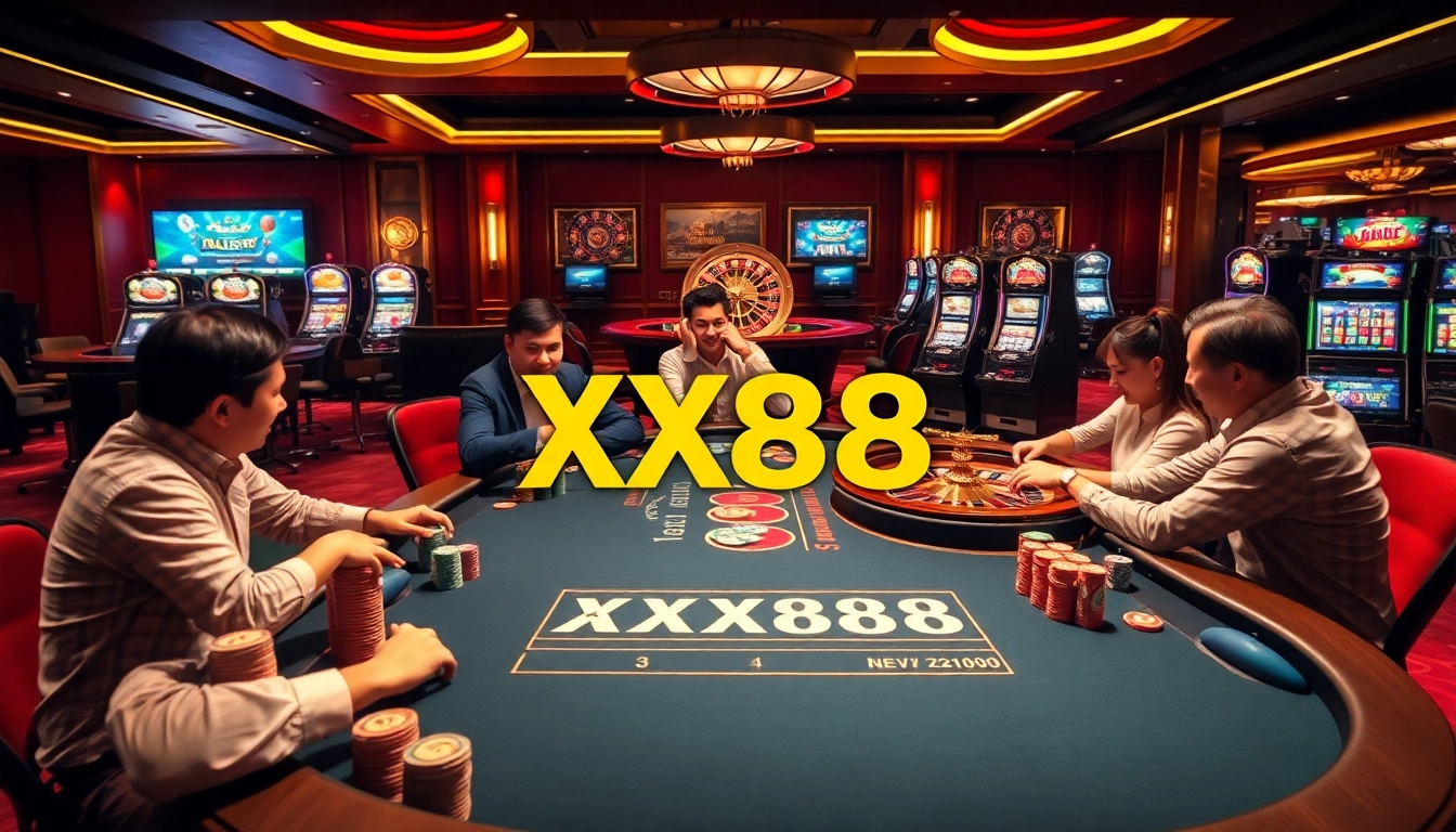 Experience the excitement of XX88 Casino with dynamic gaming tables and vibrant decor.