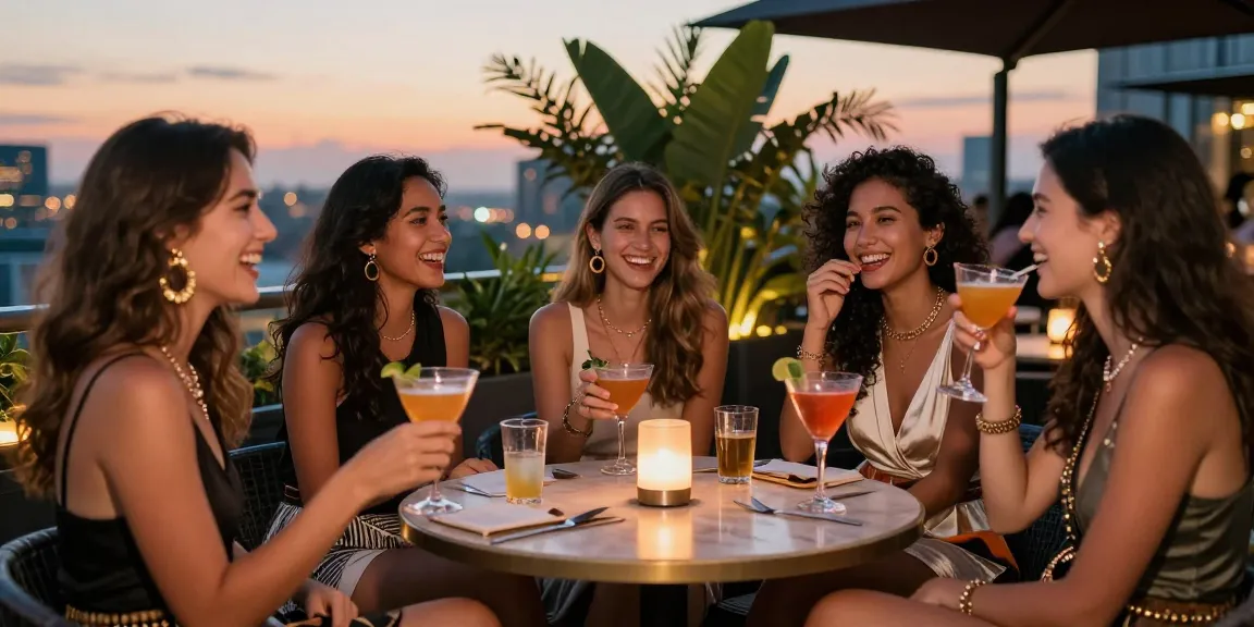 Nhóm gái gọi đang vui vẻ tại quán bar rooftop, tối và thời trang.