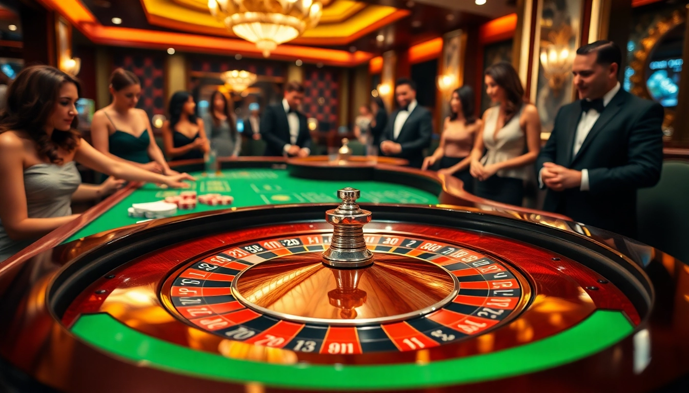 Permainan kasino link T0812 yang menarik dengan meja roulette dan pemain bersemangat.