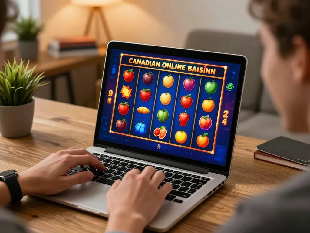 Playing Canadian online casinos with excitement at home, celebrating a big win on slot games.