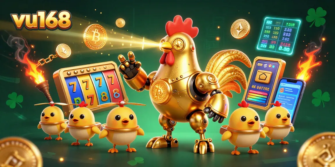 Experience the excitement of vu168 with a golden rooster robot and slot game elements.