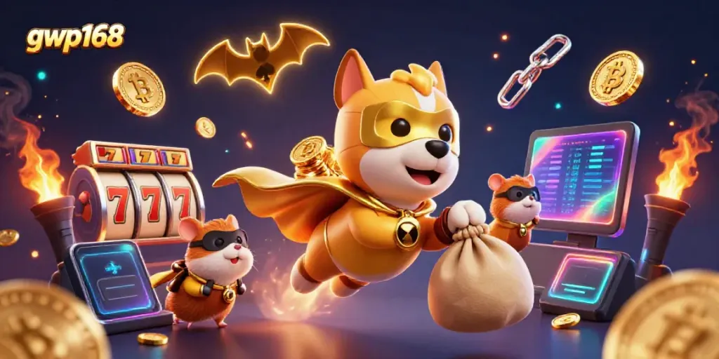 Mainkan game slot di gwp168 dengan karakter superhero ceria yang terbang dan membawa koin emas.