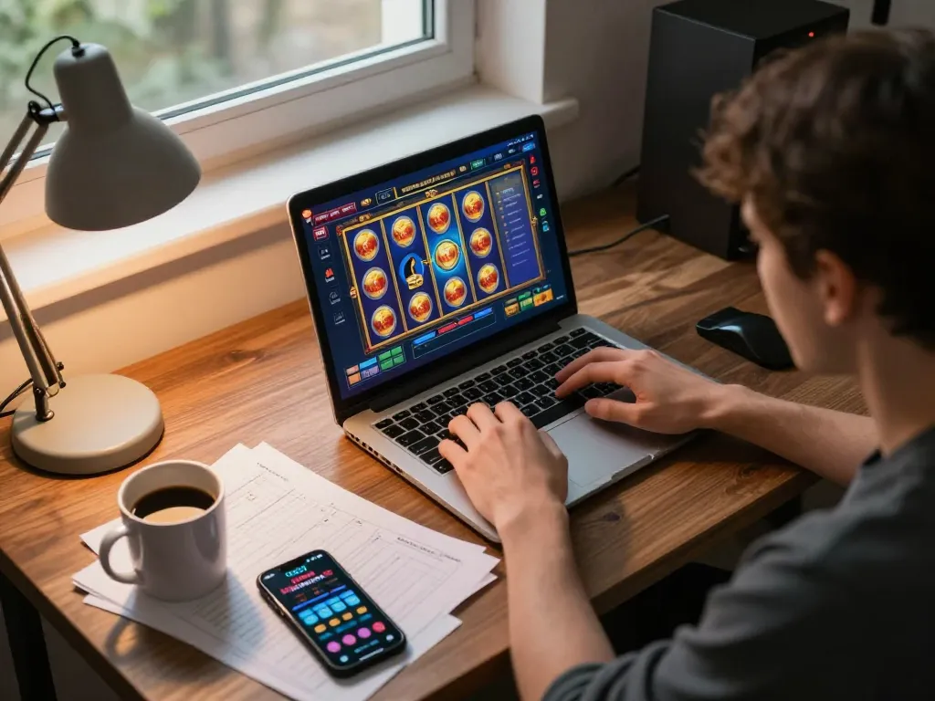 Engaging with slot gacor gampang menang online gaming session at home with strategic notes and laptop.