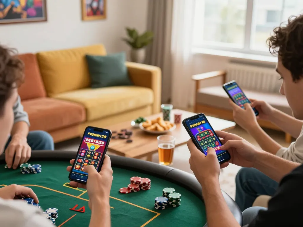 Pemain menikmati aplikasi mobile Panen178, menampilkan permainan strategis dengan visual menarik di suasana rumah yang nyaman.