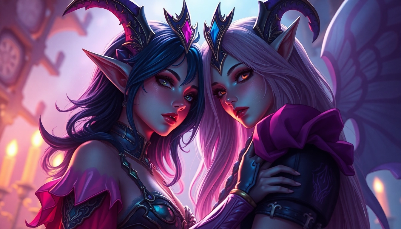 NSFW fantasy-themed character interaction showcasing vibrant colors and dramatic lighting