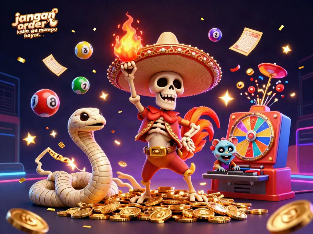 Experience the excitement of "jangan order kalo ga mampu bayar.." in this vibrant 3D scene with dynamic lottery elements.