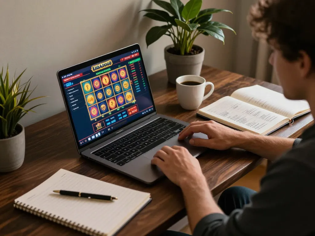 LIGA2000 gameplay displayed on laptop screen alongside gaming strategy notes in a cozy home office