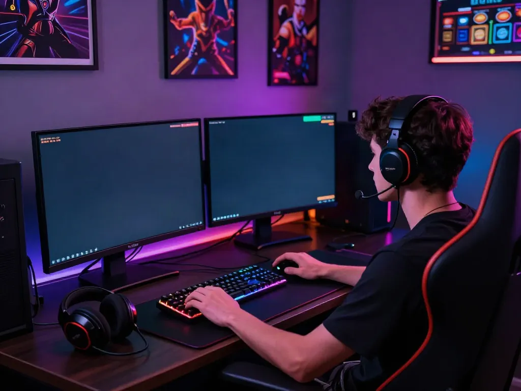 Akujp gaming setup with vibrant slot graphics and immersive LED lights creating an engaging atmosphere.