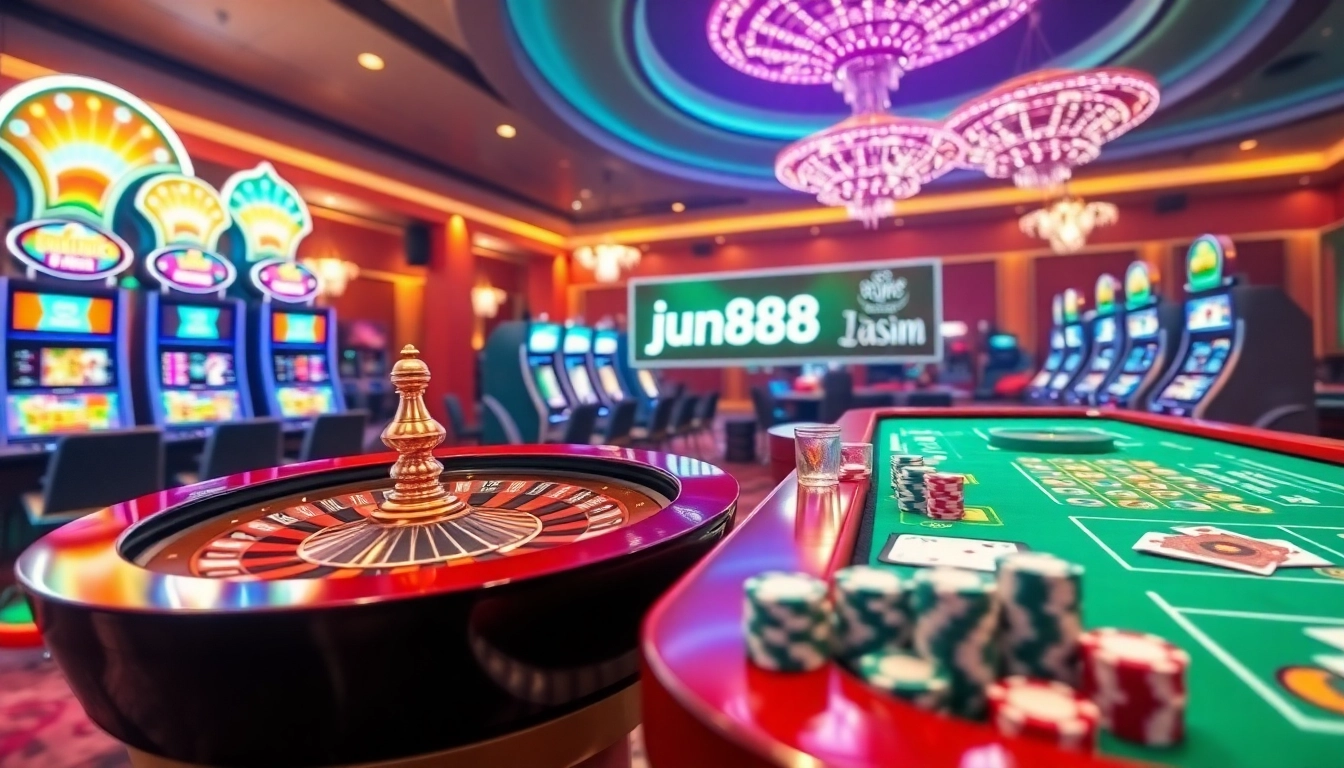 Experience the excitement at jun88 com with a dynamic online casino scene featuring roulette, slot machines, and poker tables.