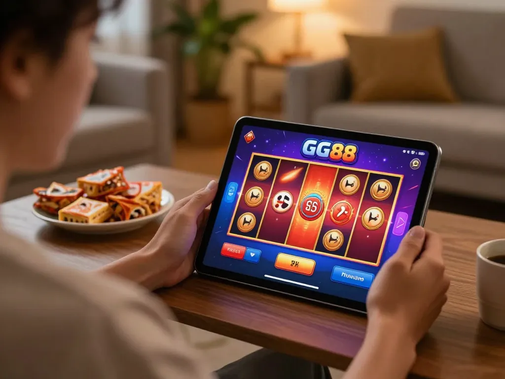 Player excitedly spinning the reels on GG88 slot game from the comfort of home, showcasing trang chủ gg88 app interface.