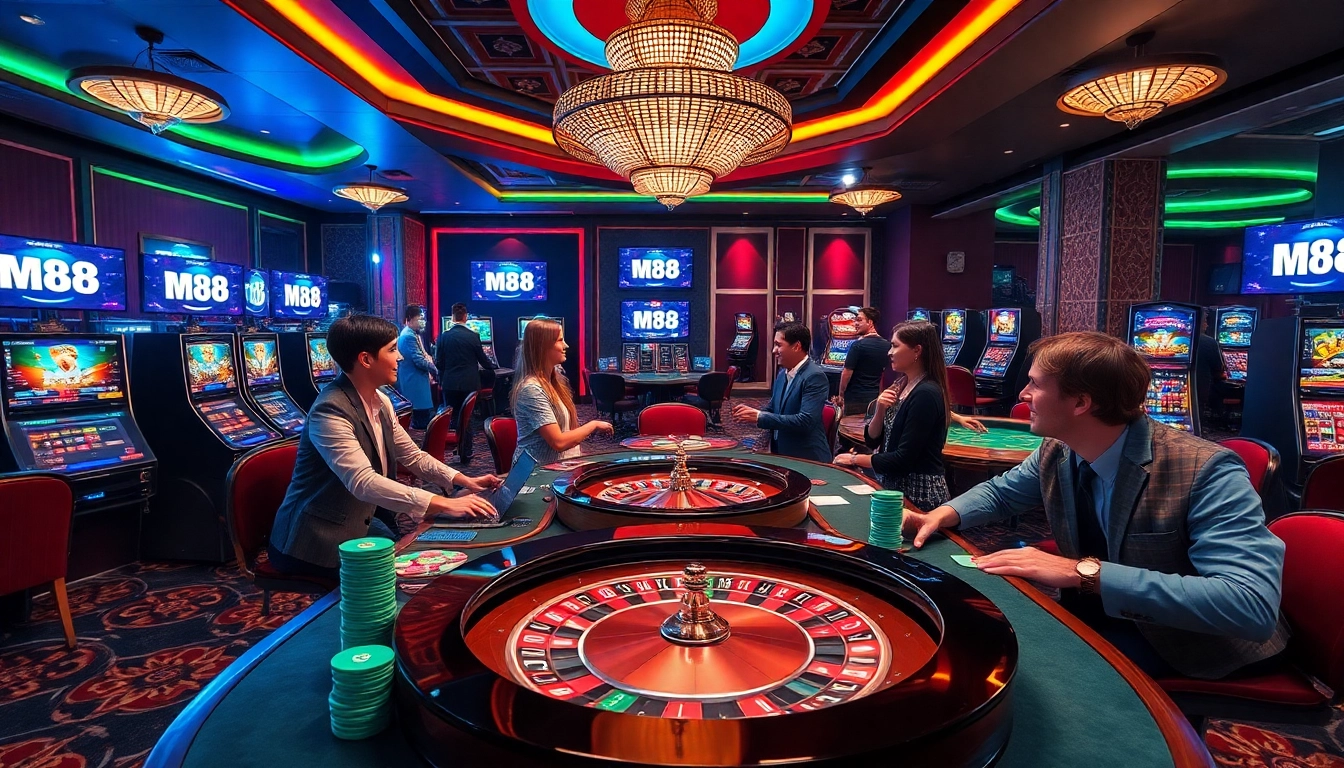 M88 gaming scene showing players at roulette tables and vibrant slot machines in a luxurious casino setting.