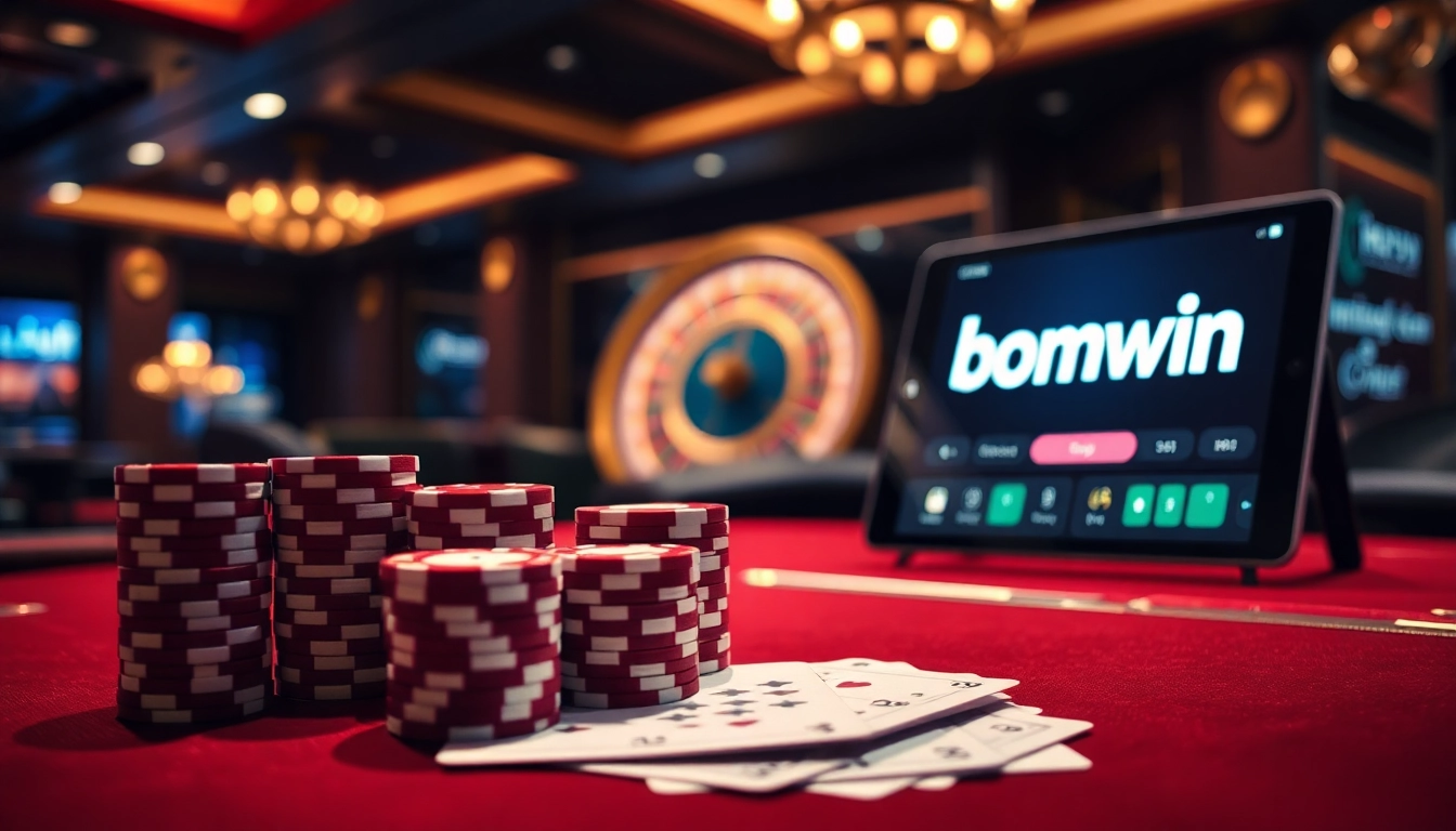 Engaging casino scene illustrating Đăng nhập bomwin while showcasing poker chips and a tablet interface.