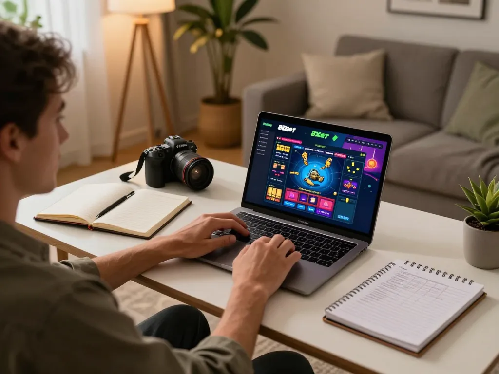 Engaged player using 8xbet on laptop for online gambling strategy in a cozy home setup.