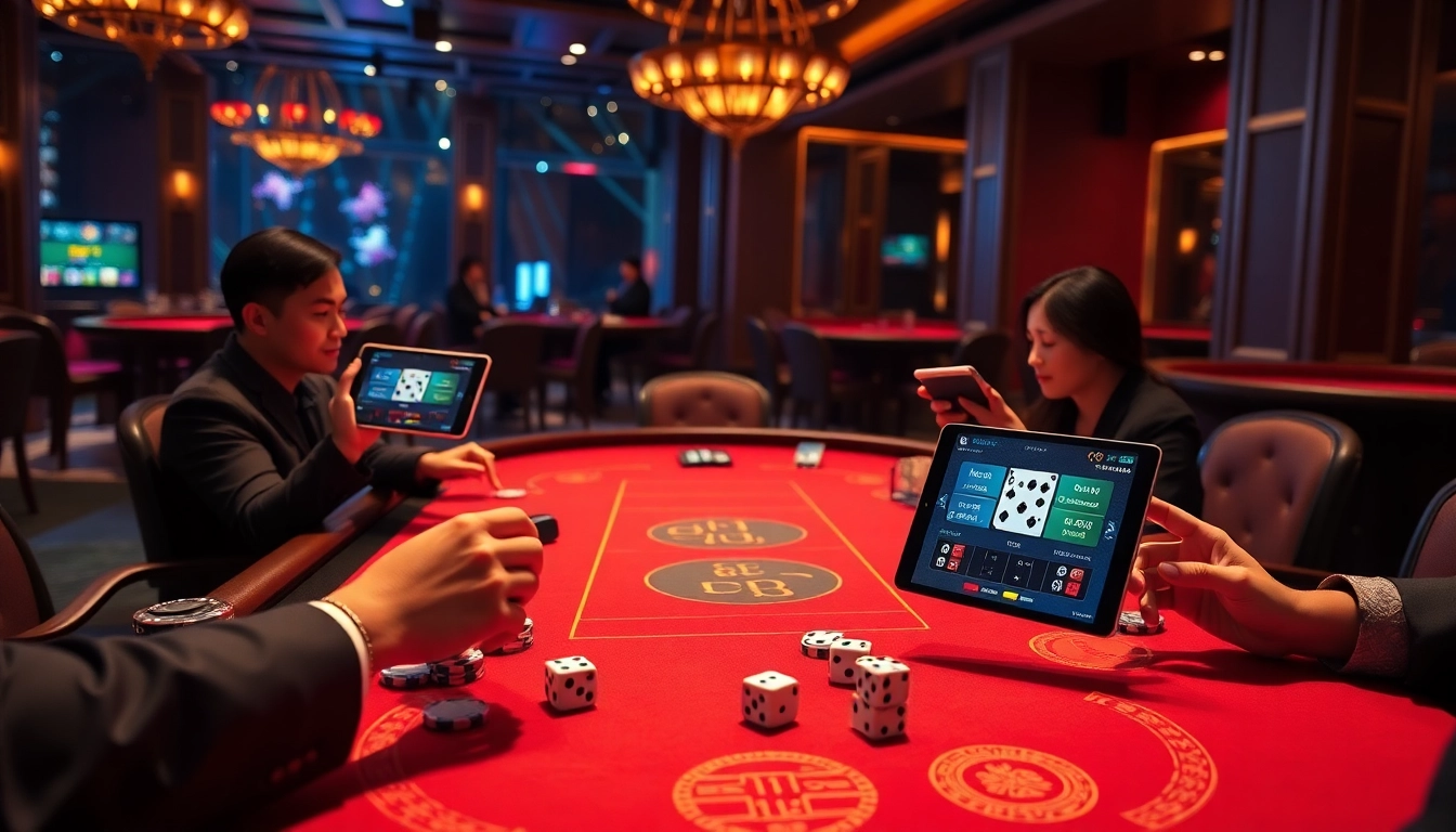Exciting game tài xỉu online atmosphere with players engaging on sleek devices.