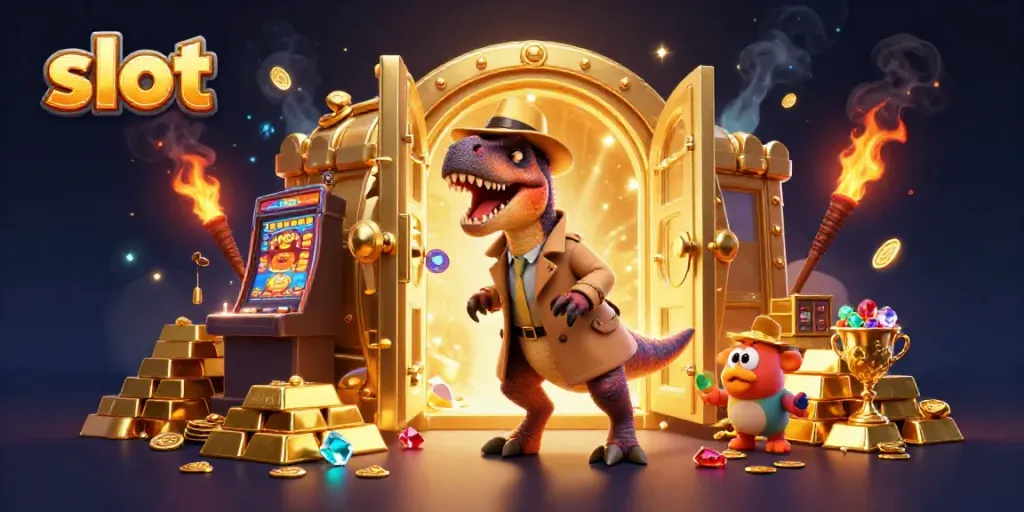 Experience thrilling slot action with a velociraptor card counter, stegosaurus pit boss, and a compy pickpocket in a vibrant casino scene.