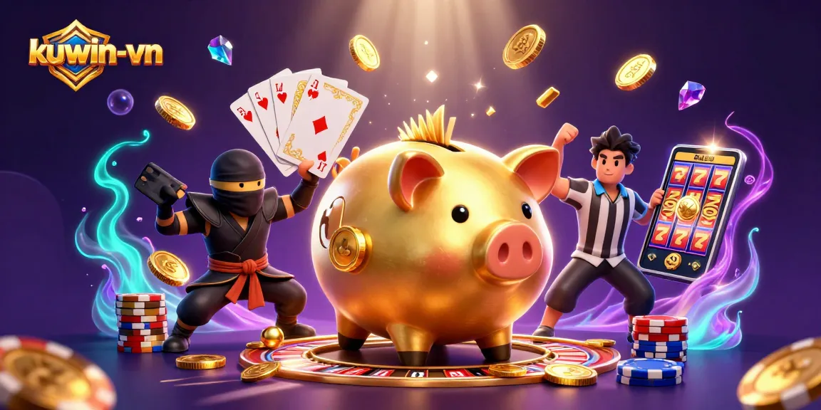 Join the excitement at kuwin-vn as a sumo wrestler stomps gold coins and gems in this vibrant casino scene.