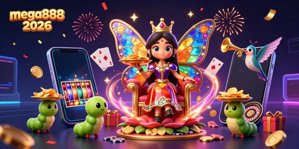 Experience the magic of mega888 2026 with a vibrant 3D casino scene showcasing games and celebration.
