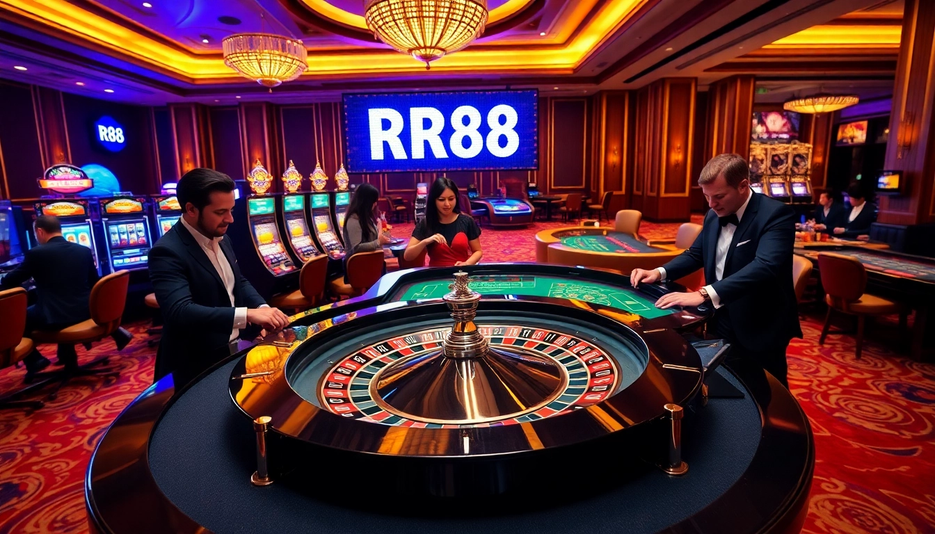 Gamblers enjoying the excitement of RR88 at a luxurious casino table with roulette and chips.