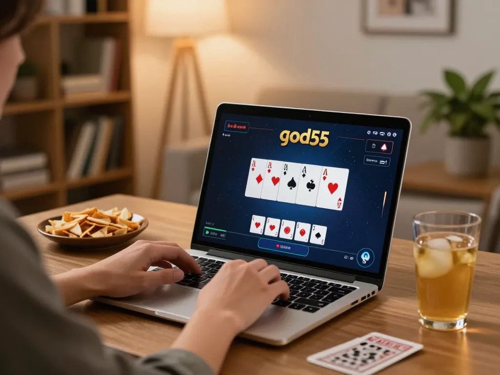 Engaged player experiencing god55 casino on a laptop at home with poker game interface visible.