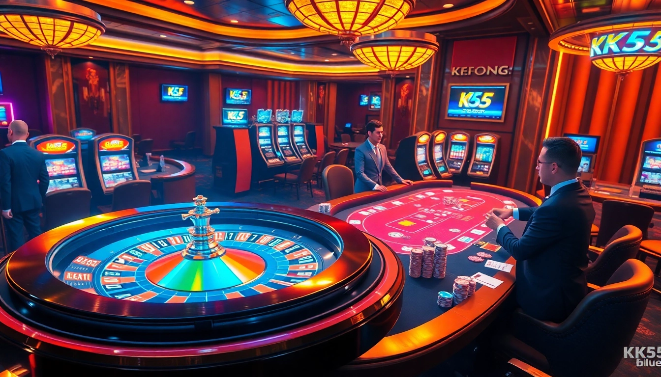 Engage with the thrilling atmosphere of KK55.blue at an upscale casino table with poker chips.