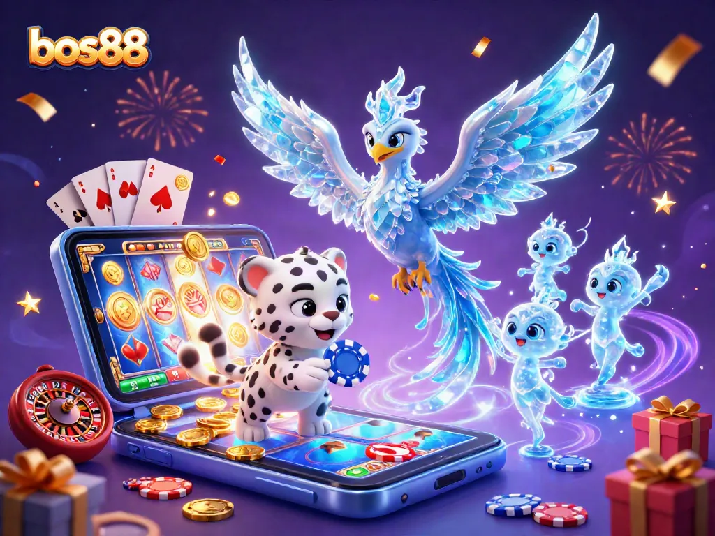 Engage in thrilling gameplay with bos88, featuring dynamic slots and vibrant casino elements in a festive atmosphere.