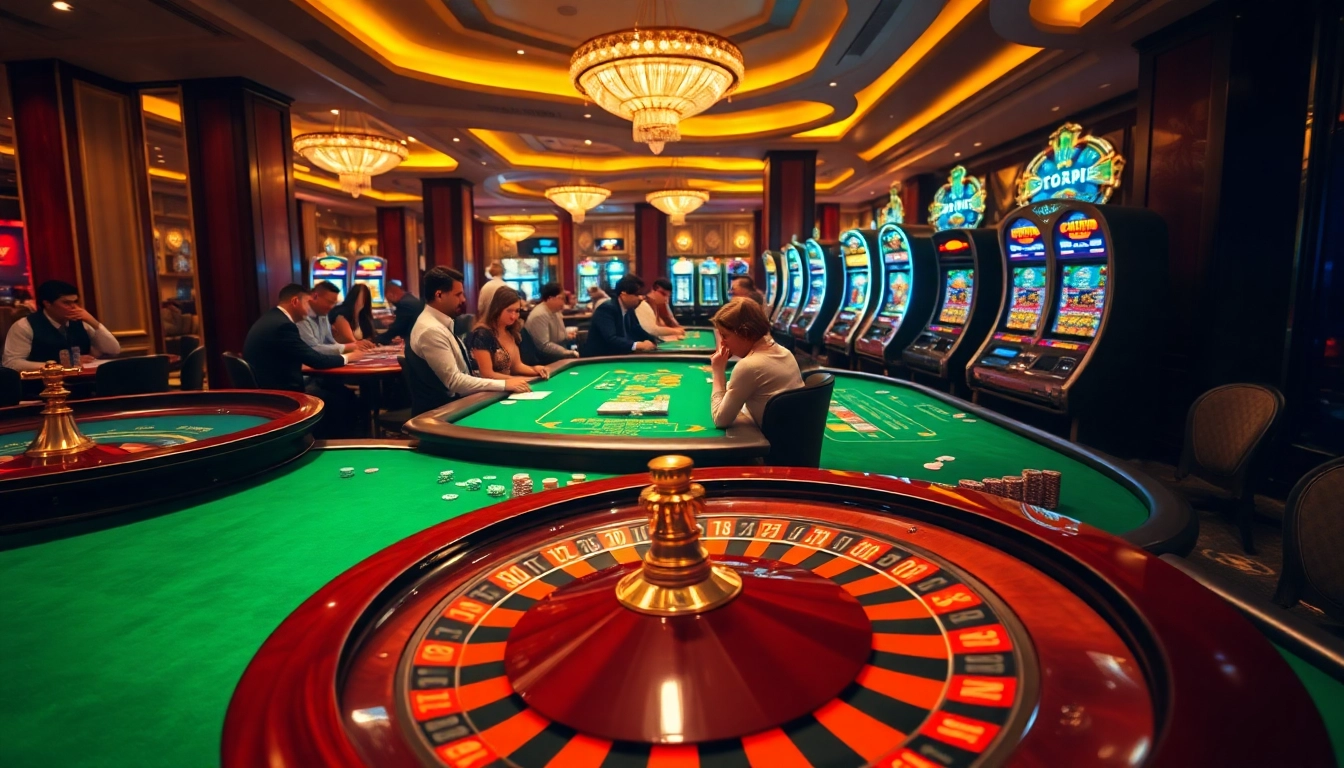 Players enjoying an exciting game at a luxurious casino table, no hu slots and poker in action.