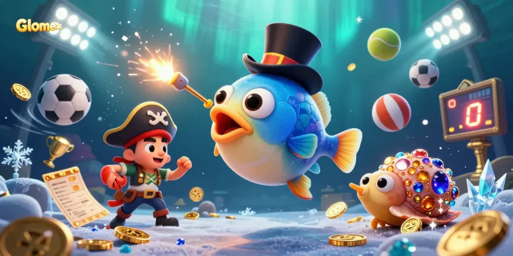Glomex attracts winning coins with a dynamic underwater casino scene featuring vibrant characters.