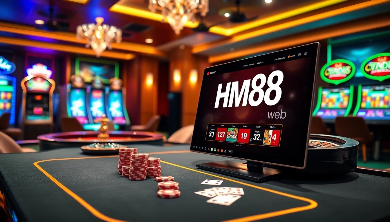 Exciting online gambling experience at hm88 web with poker chips and casino elements.