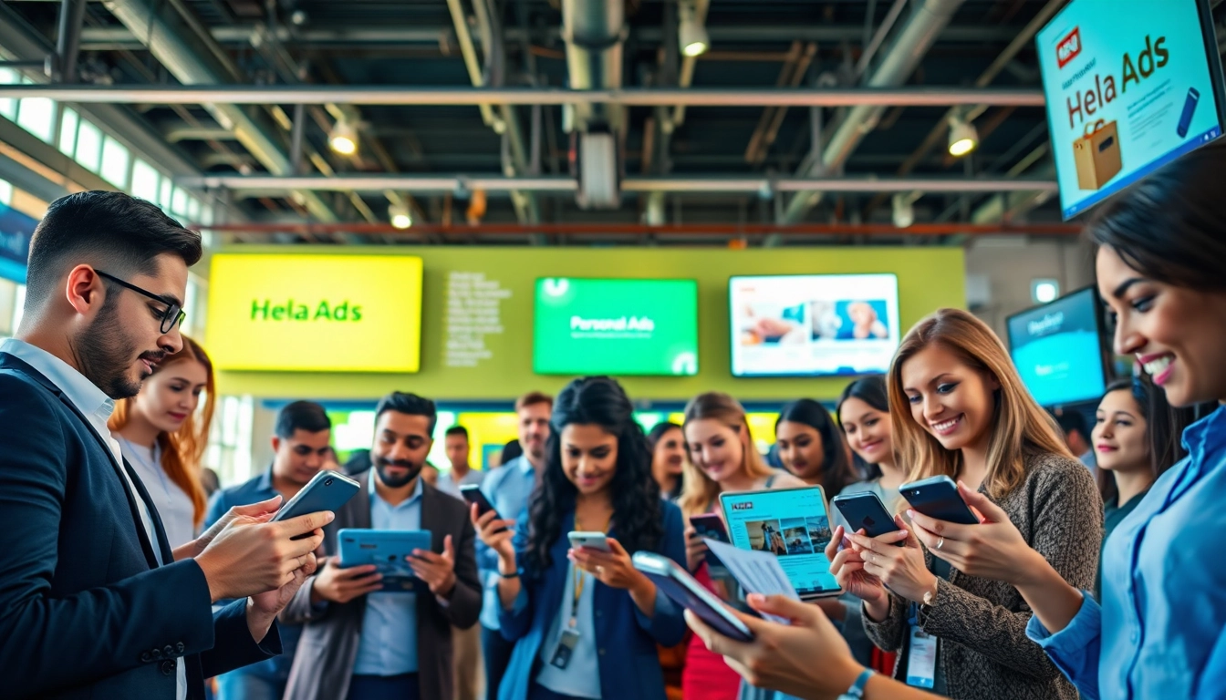Vibrant marketplace scene featuring Hela Ads in action, showcasing diverse users engaging with online classified advertisements.