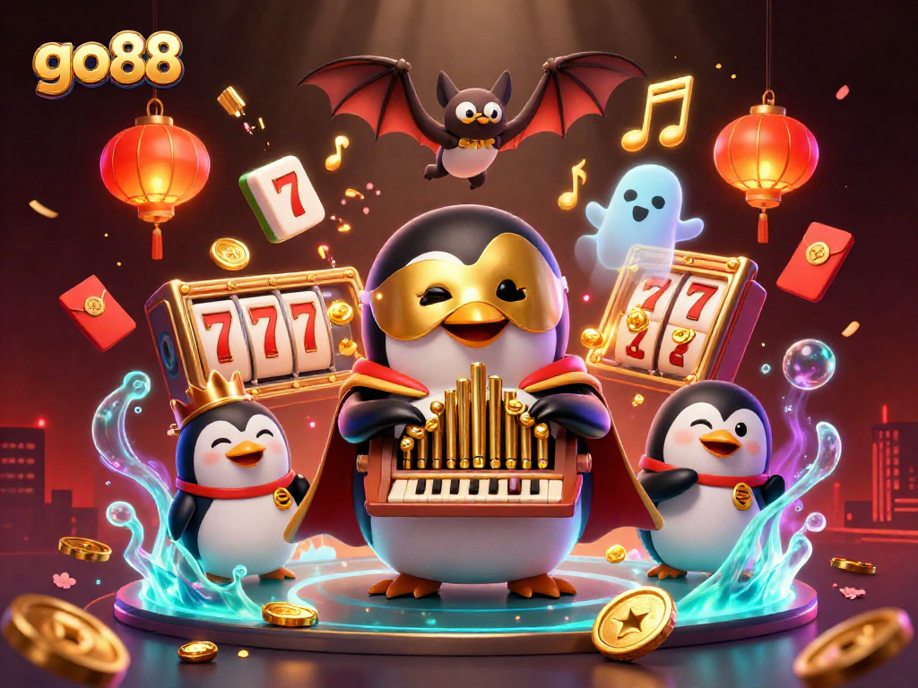 Experience the thrilling go88 casino scene with a penguin playing a golden pipe organ surrounded by vibrant gaming elements.