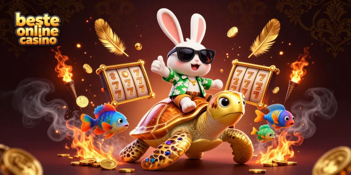 Experience the best online casino with the lucky rabbit and golden turtle in a vibrant scene.