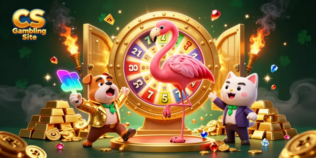 Spin the prize wheel at a CS Gambling Site with joyful characters and vibrant slot reels.