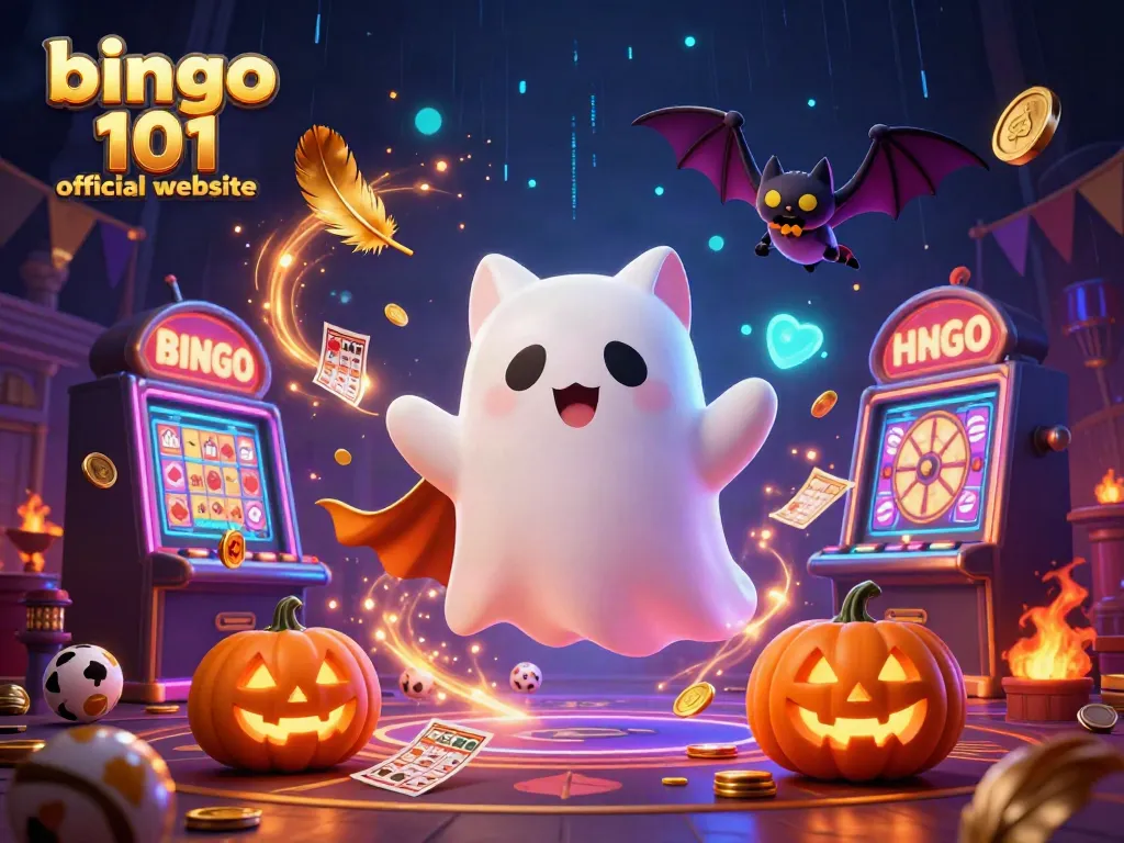 Engage with the bingo 101 official website in a mystical casino world featuring a ghost cat and bat.