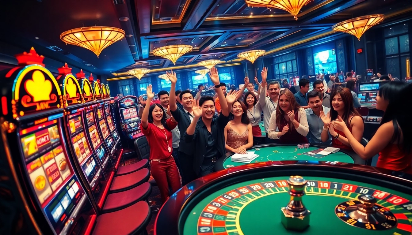 Exciting slot machine action at New88 casino, showcasing vibrant colors and cheerful players.