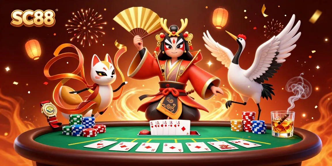 Play thrilling poker at SC88 with vibrant characters, chips, and gold confetti!