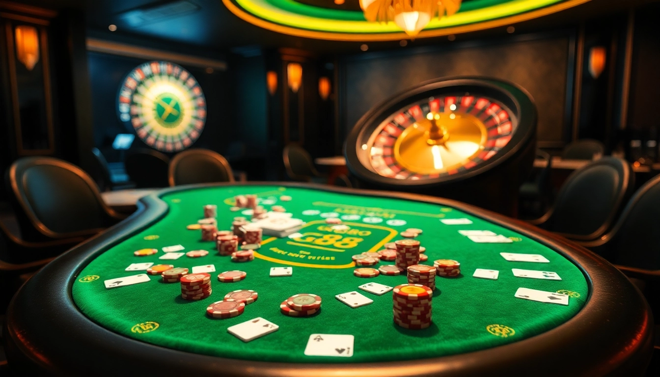 GG88 poker table alive with vibrant chips and cards in an exciting casino setting