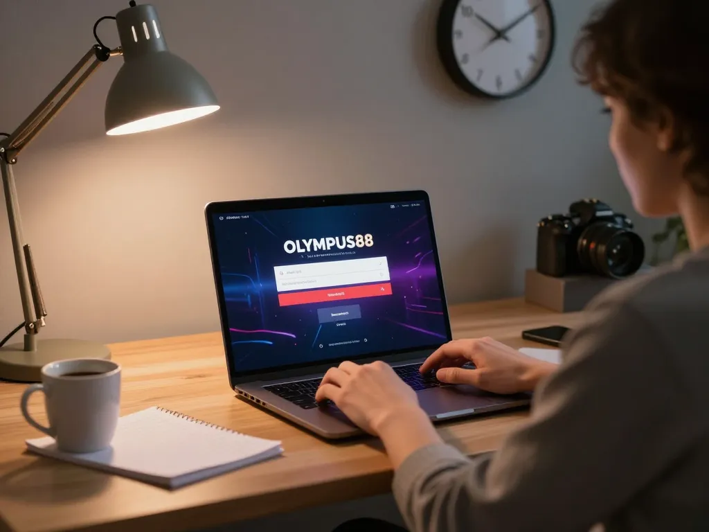 Player engaging with OLYMPUS88 login on laptop in cozy home office, showcasing strategic online gaming atmosphere
