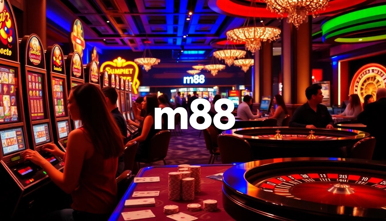 Players enjoying the thrilling slot machines at m88 casino, surrounded by vibrant decor and excitement.