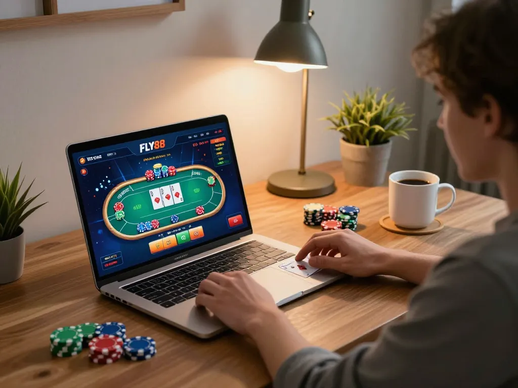 Engaging player at FLY88 online casino, strategically betting in a modern gaming setup