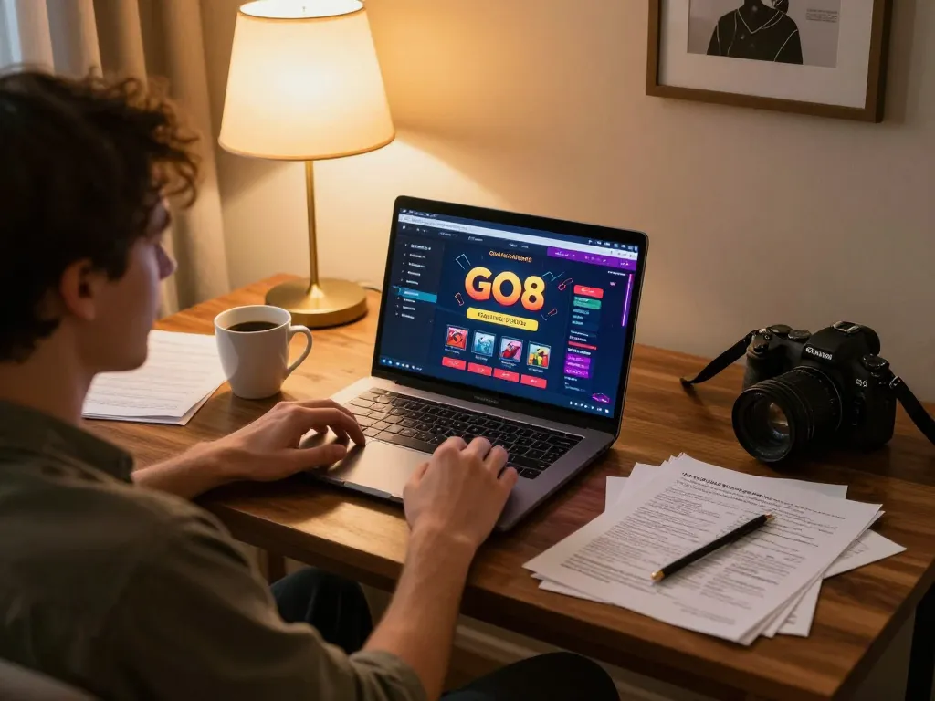 Engaging online gaming session at home with GO8 platform on laptop, cozy atmosphere for strategic gameplay.